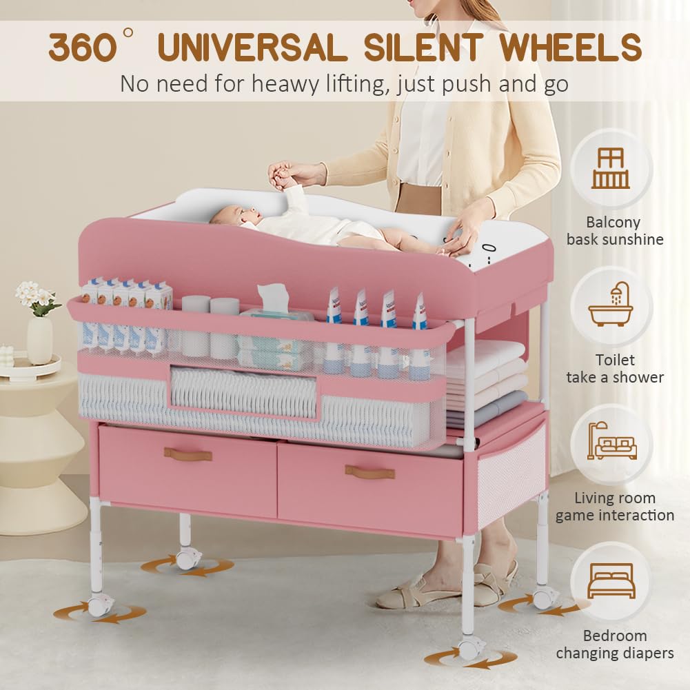 Diaper Changing Station, Portable Changing Table for Baby, Diaper Changing Table with Storage Drawers, Waterproof Baby Changing Station with Wheels and Adjustable Height for Newborn Infant (Grey)