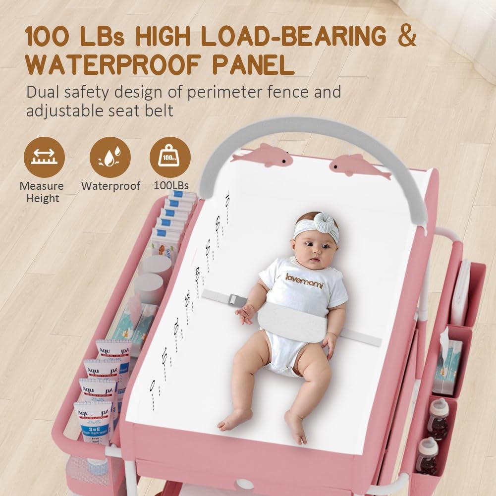 Diaper Changing Station, Portable Changing Table for Baby, Diaper Changing Table with Storage Drawers, Waterproof Baby Changing Station with Wheels and Adjustable Height for Newborn Infant (Grey)