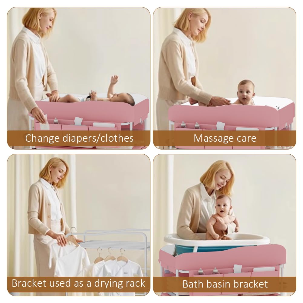 Diaper Changing Station, Portable Changing Table for Baby, Diaper Changing Table with Storage Drawers, Waterproof Baby Changing Station with Wheels and Adjustable Height for Newborn Infant (Grey)