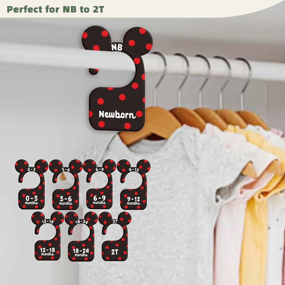 JMOST Eucalyptus Baby Closet Dividers for Nursery Closet Organizer, Newborn to 24 Months Size Clothes, Greenery Hangers with Size Dividers, Double Sided