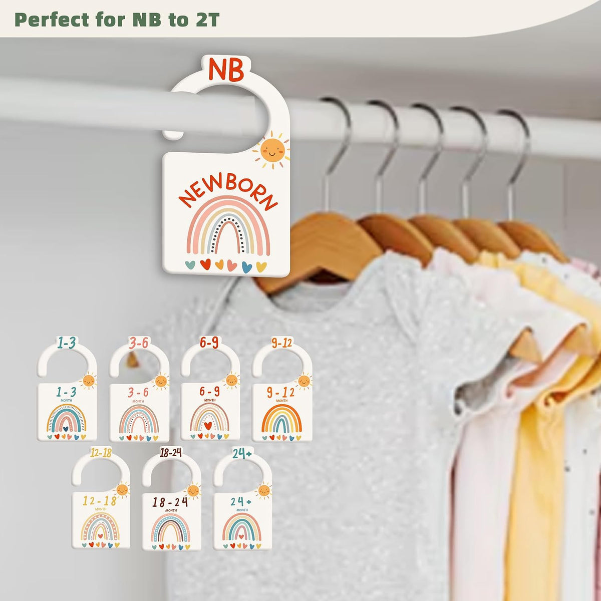 JMOST Eucalyptus Baby Closet Dividers for Nursery Closet Organizer, Newborn to 24 Months Size Clothes, Greenery Hangers with Size Dividers, Double Sided