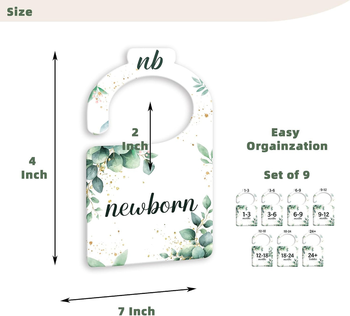 JMOST Eucalyptus Baby Closet Dividers for Nursery Closet Organizer, Newborn to 24 Months Size Clothes, Greenery Hangers with Size Dividers, Double Sided