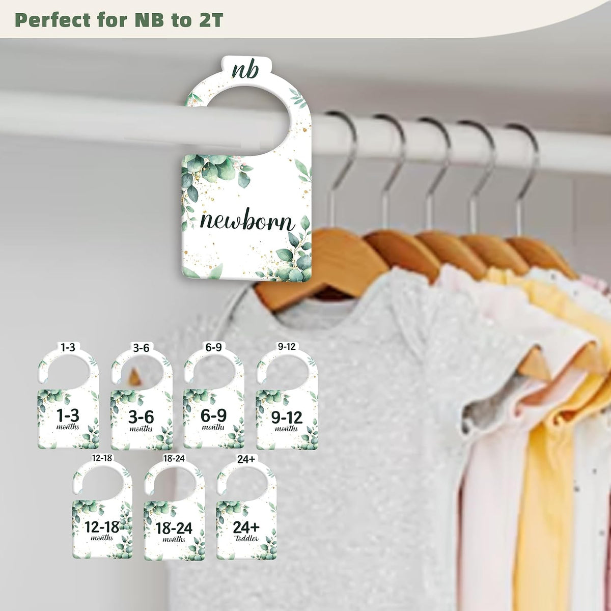 JMOST Eucalyptus Baby Closet Dividers for Nursery Closet Organizer, Newborn to 24 Months Size Clothes, Greenery Hangers with Size Dividers, Double Sided