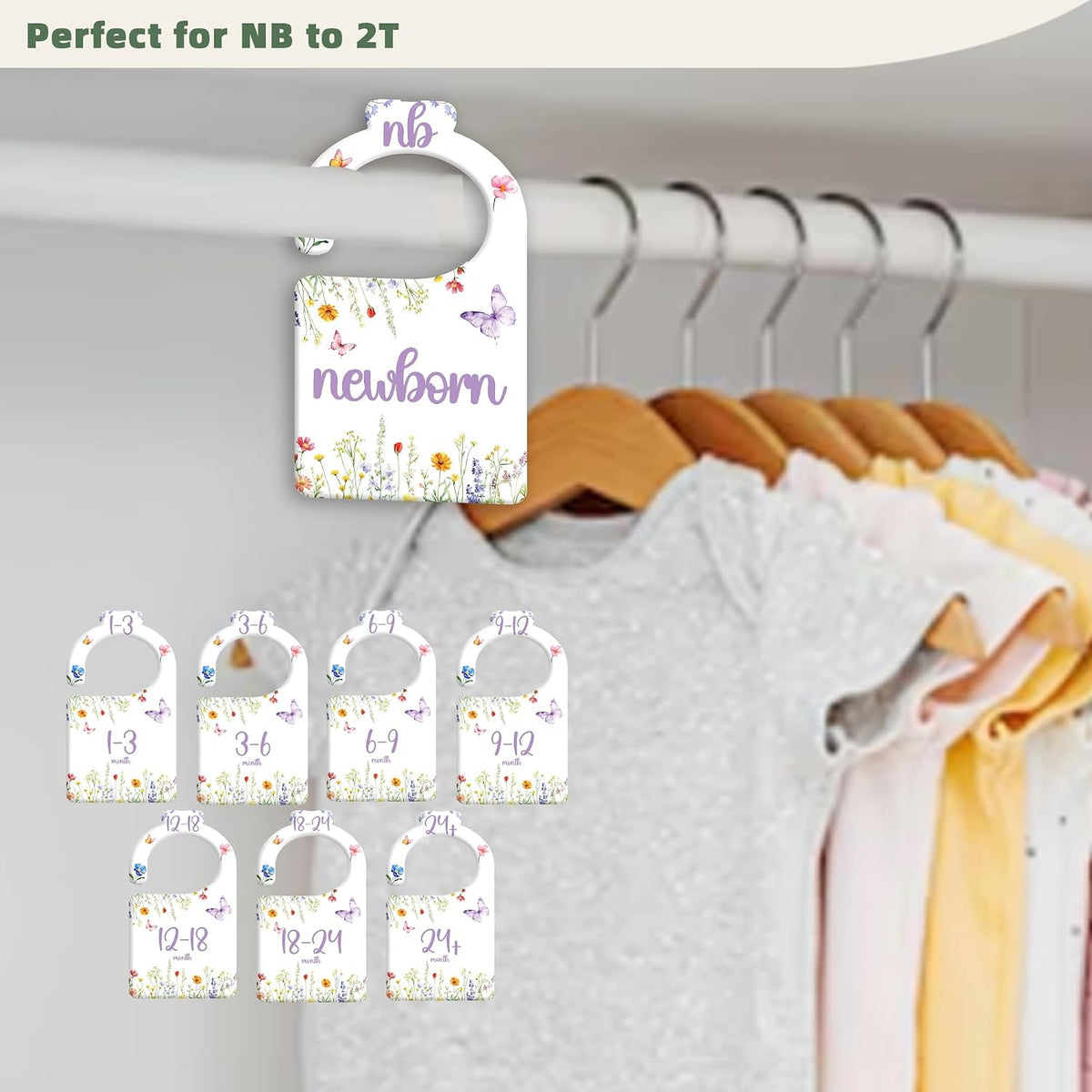 JMOST Eucalyptus Baby Closet Dividers for Nursery Closet Organizer, Newborn to 24 Months Size Clothes, Greenery Hangers with Size Dividers, Double Sided