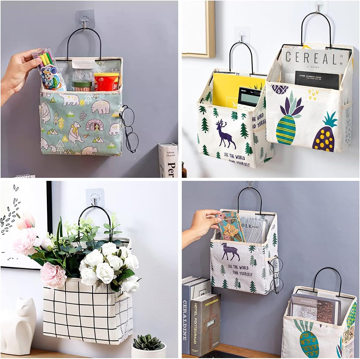 Wall Hanging Storage Bag, Waterproof Over The Door Closet Organizer Hanging Pocket Linen Cotton Organizer Box Containers for Bedroom, Bathroom (Black)