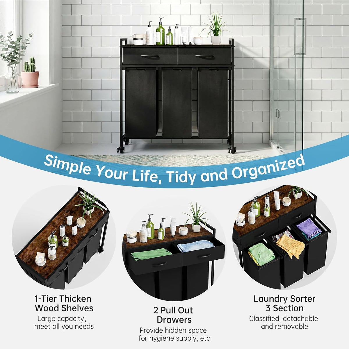 Laundry Sorter with 3 Section Pull Out Bags Rolling Laundry Basket Organizer with 2 Drawers Laundry Hamper with Shelves and Wheels for Laundry Room, Bathroom, Bedroom Organization(2 Tier)