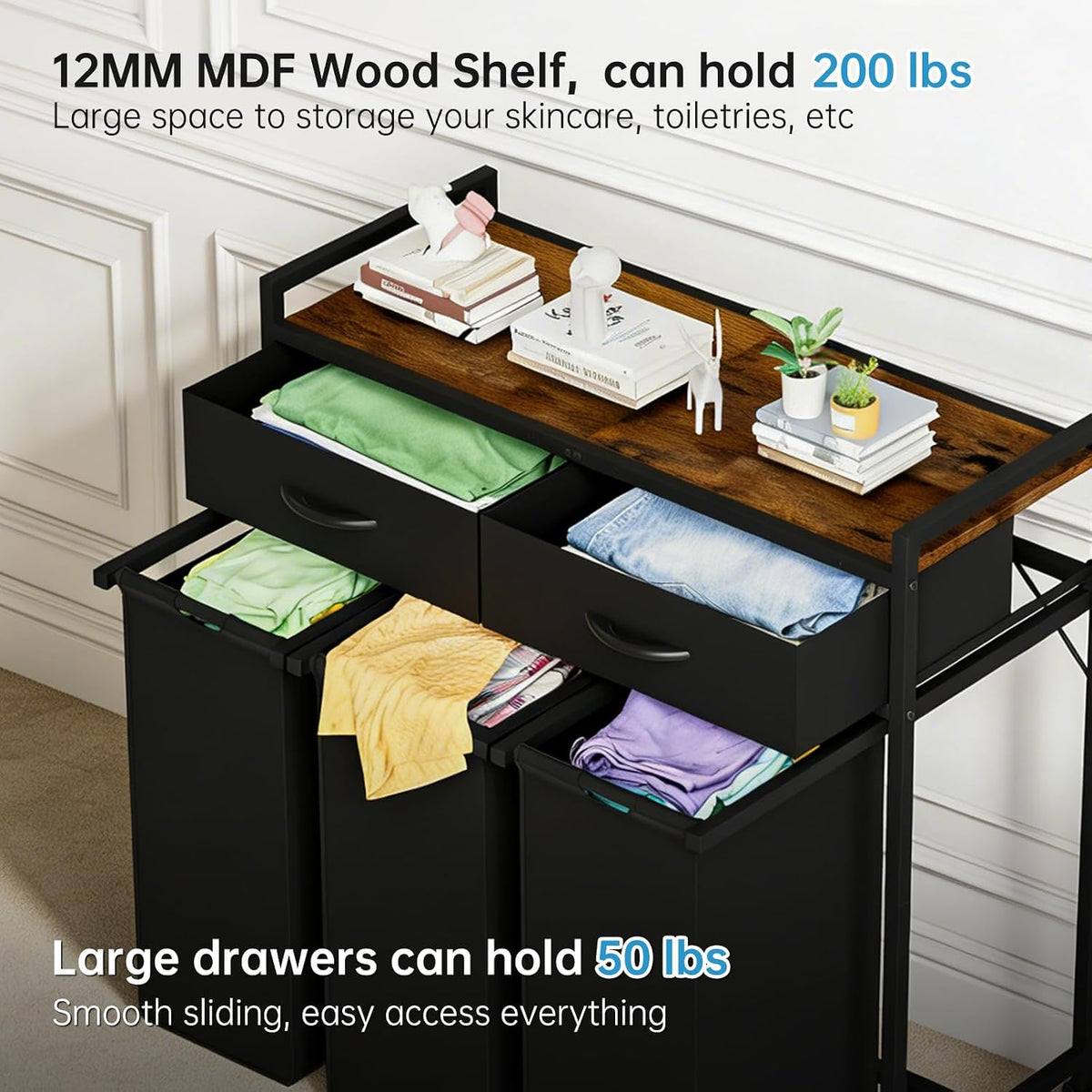 Laundry Sorter with 3 Section Pull Out Bags Rolling Laundry Basket Organizer with 2 Drawers Laundry Hamper with Shelves and Wheels for Laundry Room, Bathroom, Bedroom Organization(2 Tier)