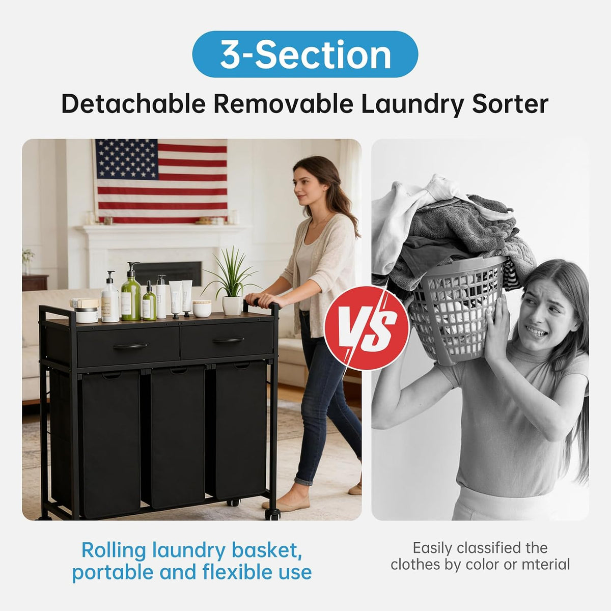 Laundry Sorter with 3 Section Pull Out Bags Rolling Laundry Basket Organizer with 2 Drawers Laundry Hamper with Shelves and Wheels for Laundry Room, Bathroom, Bedroom Organization(2 Tier)