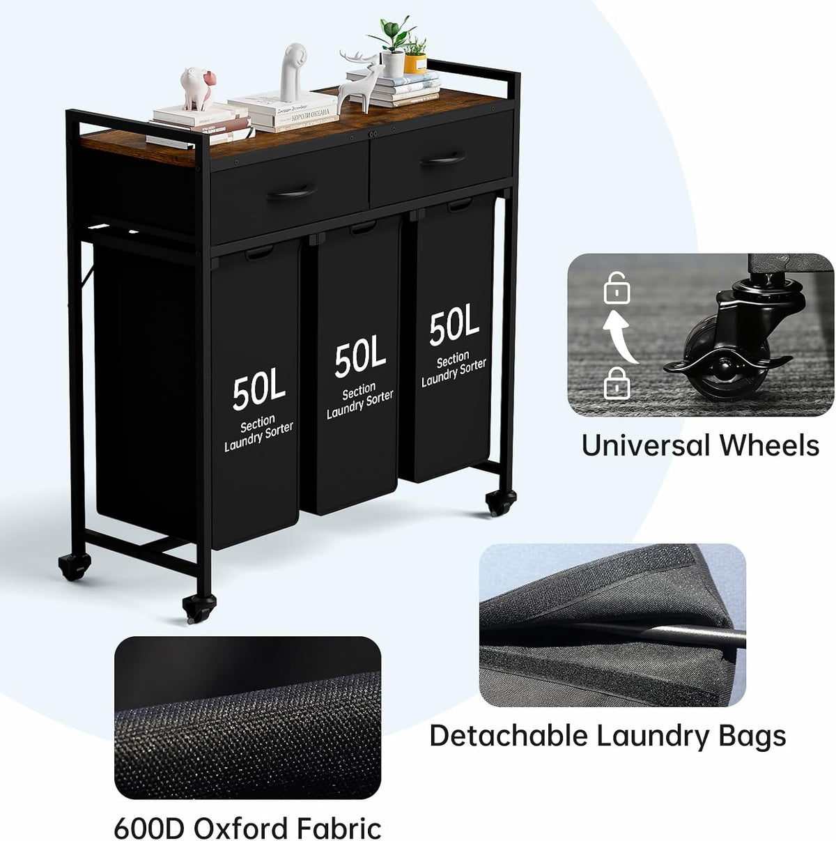 Laundry Sorter with 3 Section Pull Out Bags Rolling Laundry Basket Organizer with 2 Drawers Laundry Hamper with Shelves and Wheels for Laundry Room, Bathroom, Bedroom Organization(2 Tier)