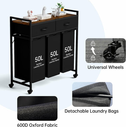 Laundry Sorter with 3 Section Pull Out Bags Rolling Laundry Basket Organizer with 2 Drawers Laundry Hamper with Shelves and Wheels for Laundry Room, Bathroom, Bedroom Organization(2 Tier)