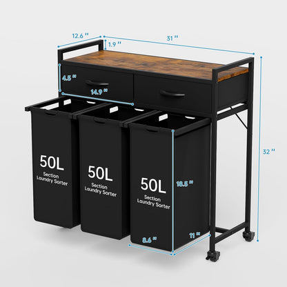 Laundry Sorter with 3 Section Pull Out Bags Rolling Laundry Basket Organizer with 2 Drawers Laundry Hamper with Shelves and Wheels for Laundry Room, Bathroom, Bedroom Organization(2 Tier)