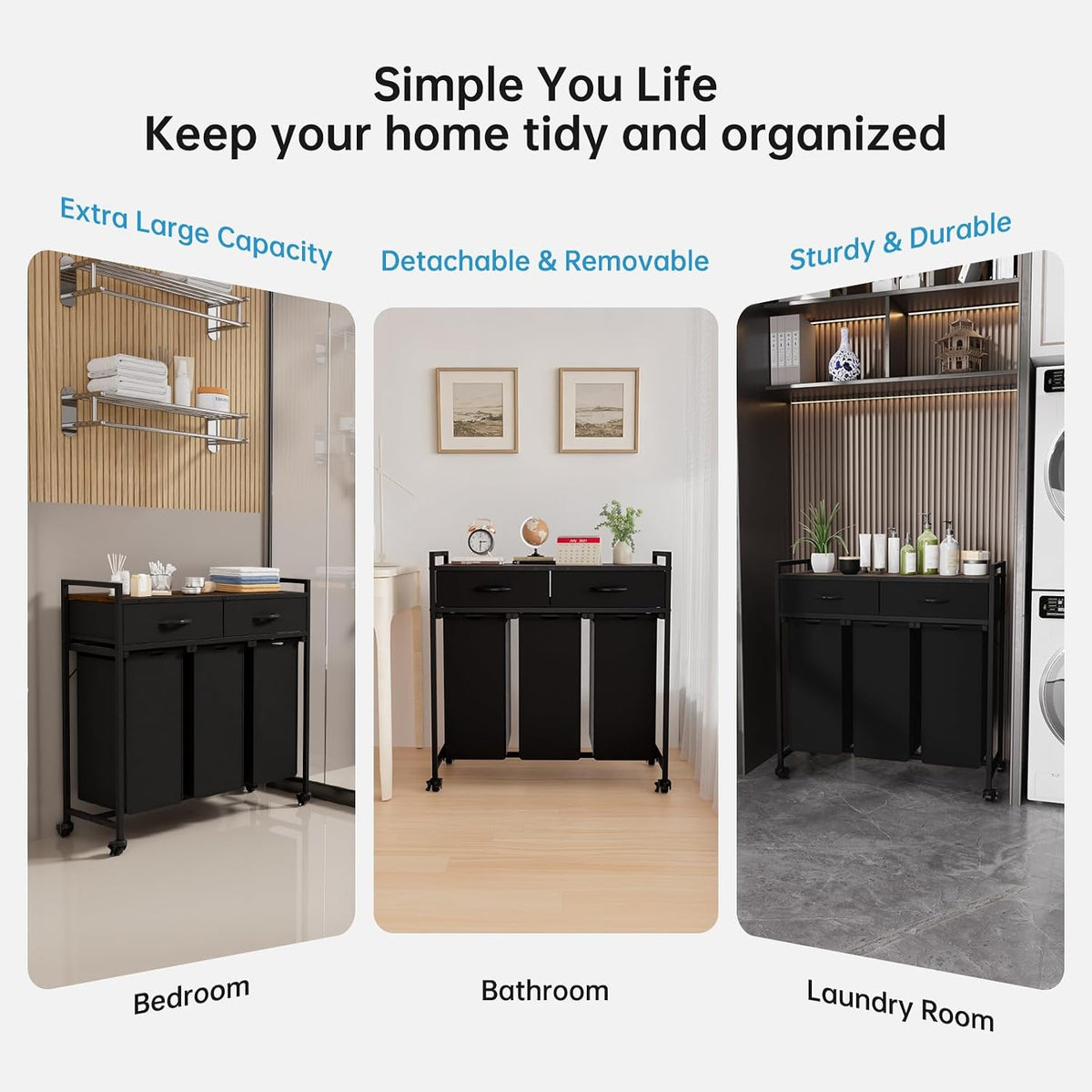 Laundry Sorter with 3 Section Pull Out Bags Rolling Laundry Basket Organizer with 2 Drawers Laundry Hamper with Shelves and Wheels for Laundry Room, Bathroom, Bedroom Organization(2 Tier)