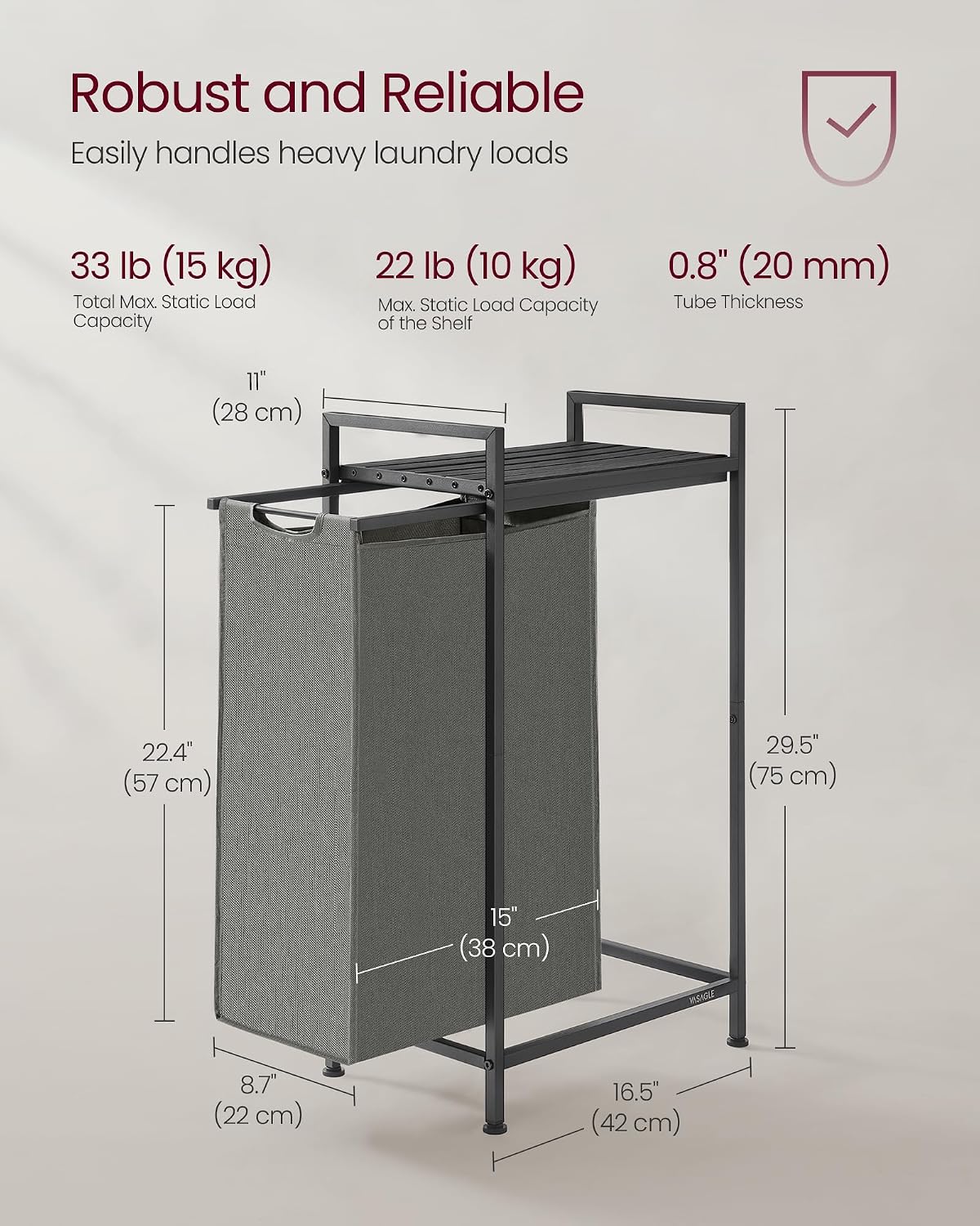 VASAGLE Laundry Sorter 2 Section, Rolling Cart with Shelf 29 Gal. (110 L)