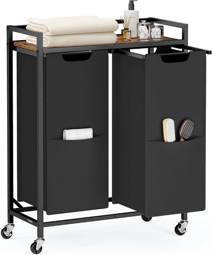 VASAGLE Laundry Sorter 2 Section, Rolling Cart with Shelf 29 Gal. (110 L)