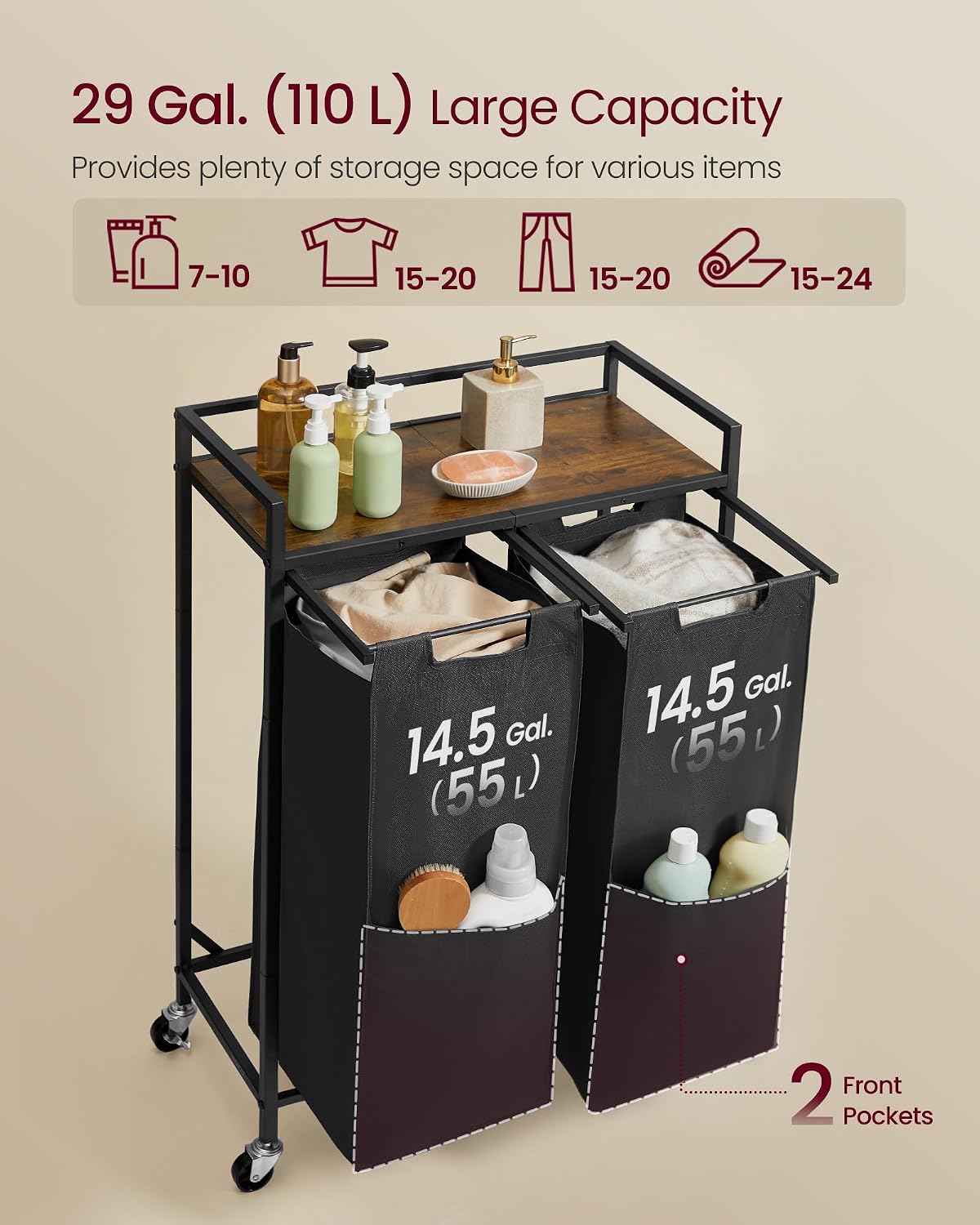 VASAGLE Laundry Sorter 2 Section, Rolling Cart with Shelf 29 Gal. (110 L)