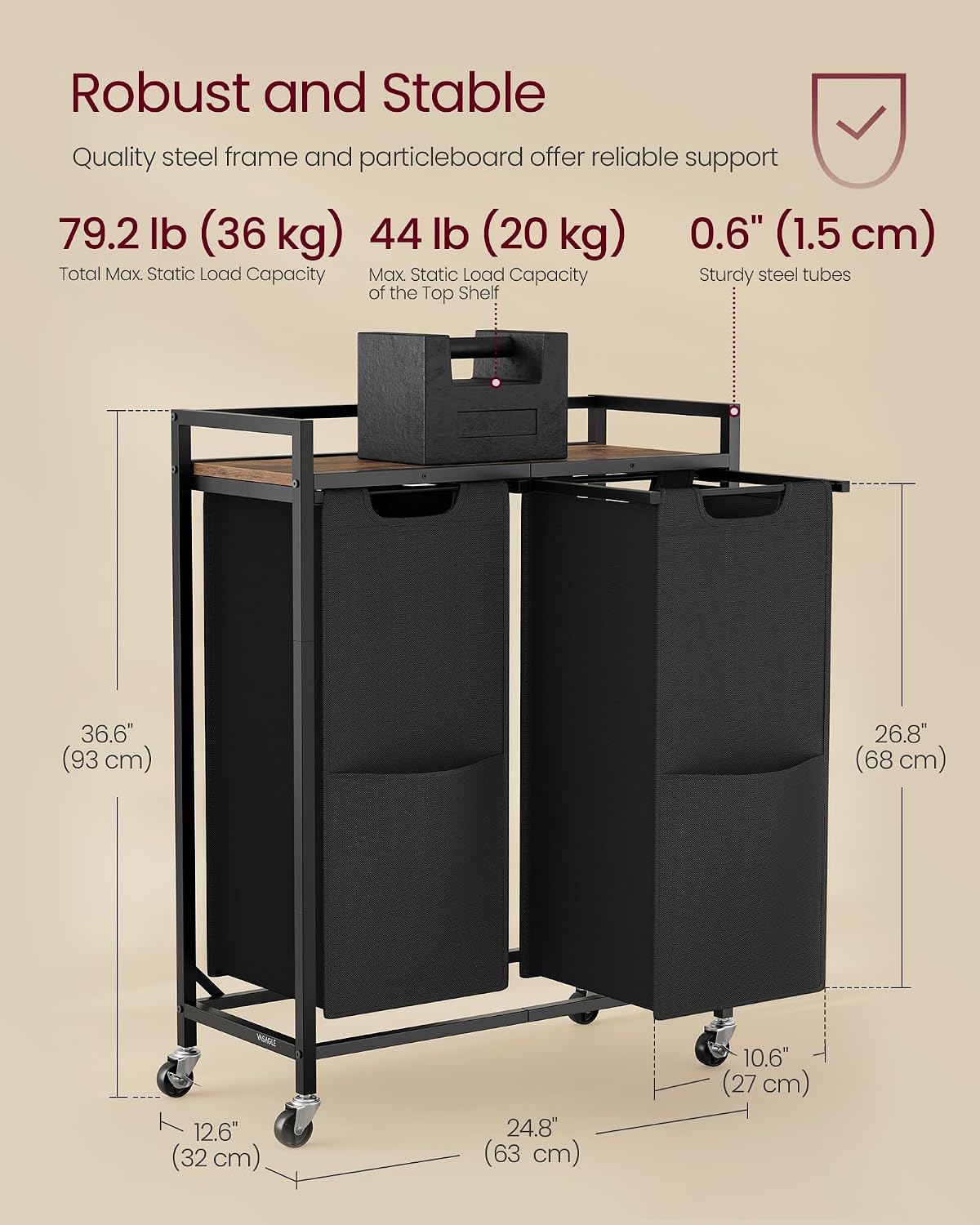 VASAGLE Laundry Sorter 2 Section, Rolling Cart with Shelf 29 Gal. (110 L)