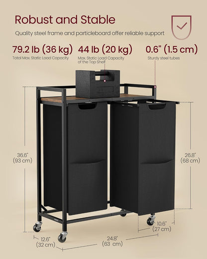 VASAGLE Laundry Sorter 2 Section, Rolling Cart with Shelf 29 Gal. (110 L)