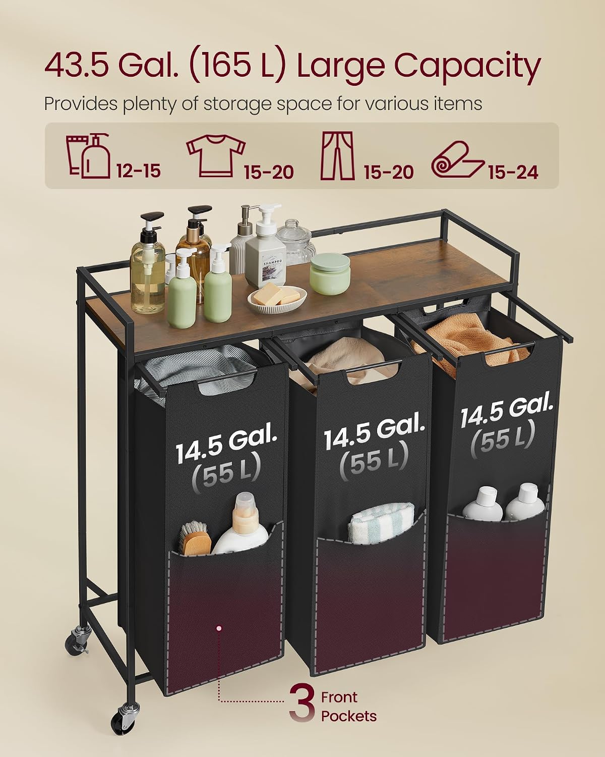 VASAGLE Laundry Sorter 2 Section, Rolling Cart with Shelf 29 Gal. (110 L)