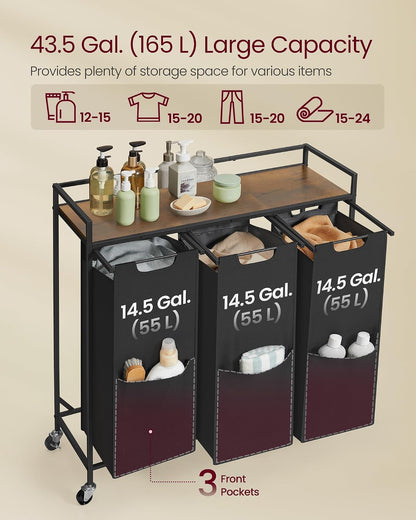 VASAGLE Laundry Sorter 2 Section, Rolling Cart with Shelf 29 Gal. (110 L)