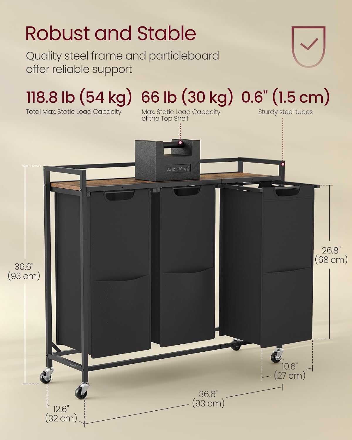 VASAGLE Laundry Sorter 2 Section, Rolling Cart with Shelf 29 Gal. (110 L)