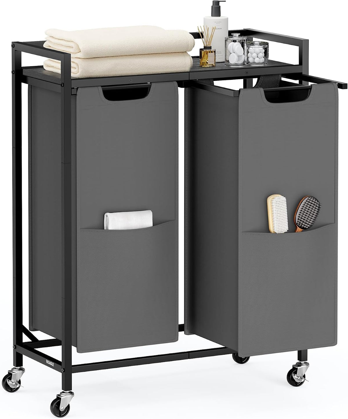 VASAGLE Laundry Sorter 2 Section, Rolling Cart with Shelf 29 Gal. (110 L)