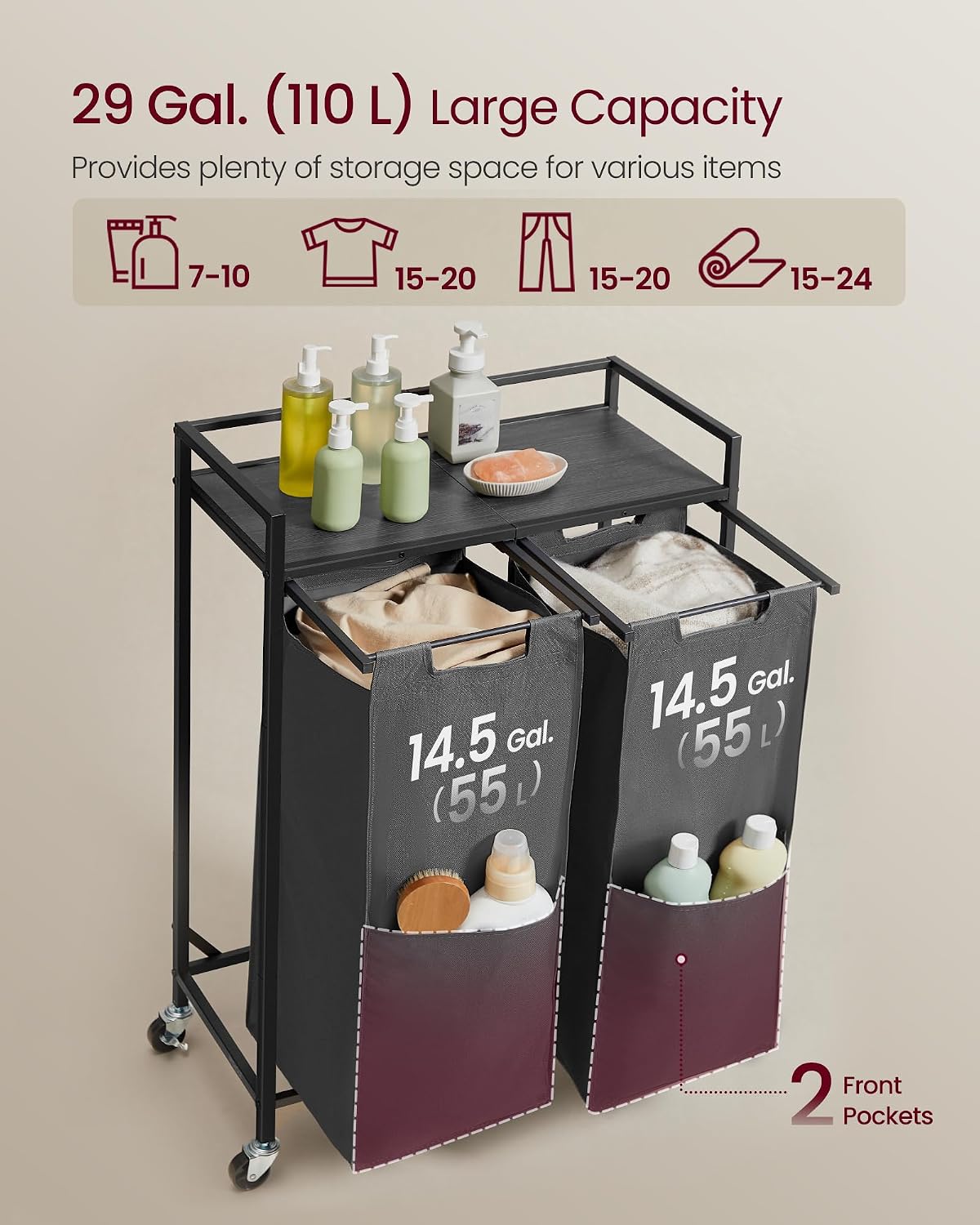 VASAGLE Laundry Sorter 2 Section, Rolling Cart with Shelf 29 Gal. (110 L)