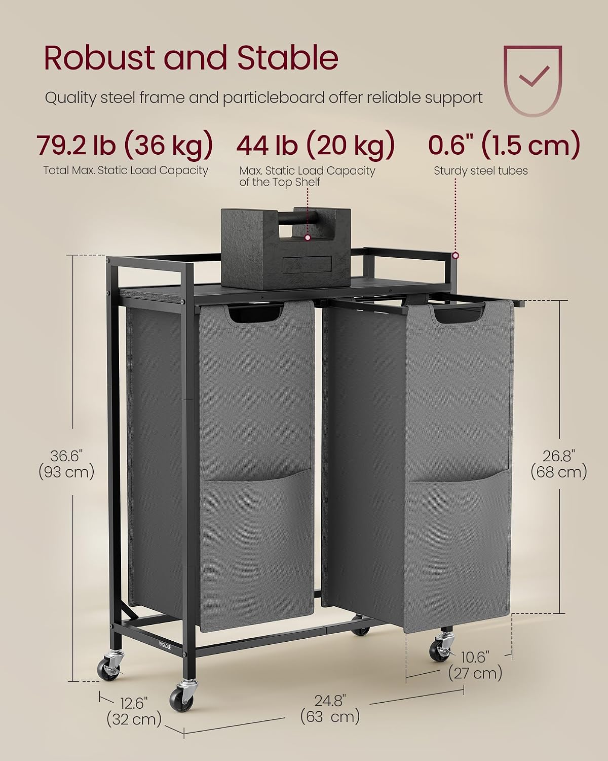 VASAGLE Laundry Sorter 2 Section, Rolling Cart with Shelf 29 Gal. (110 L)