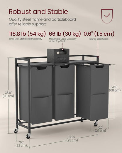 VASAGLE Laundry Sorter 2 Section, Rolling Cart with Shelf 29 Gal. (110 L)