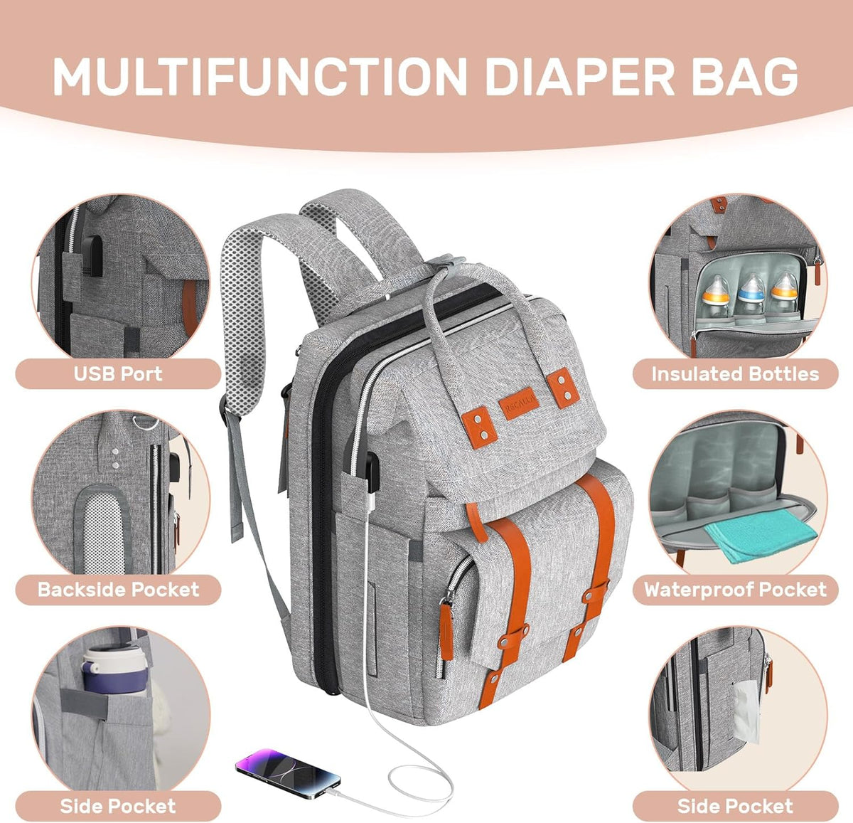 Diaper Bag Backpack with Changing Station, Baby Bag for Mom, Grey