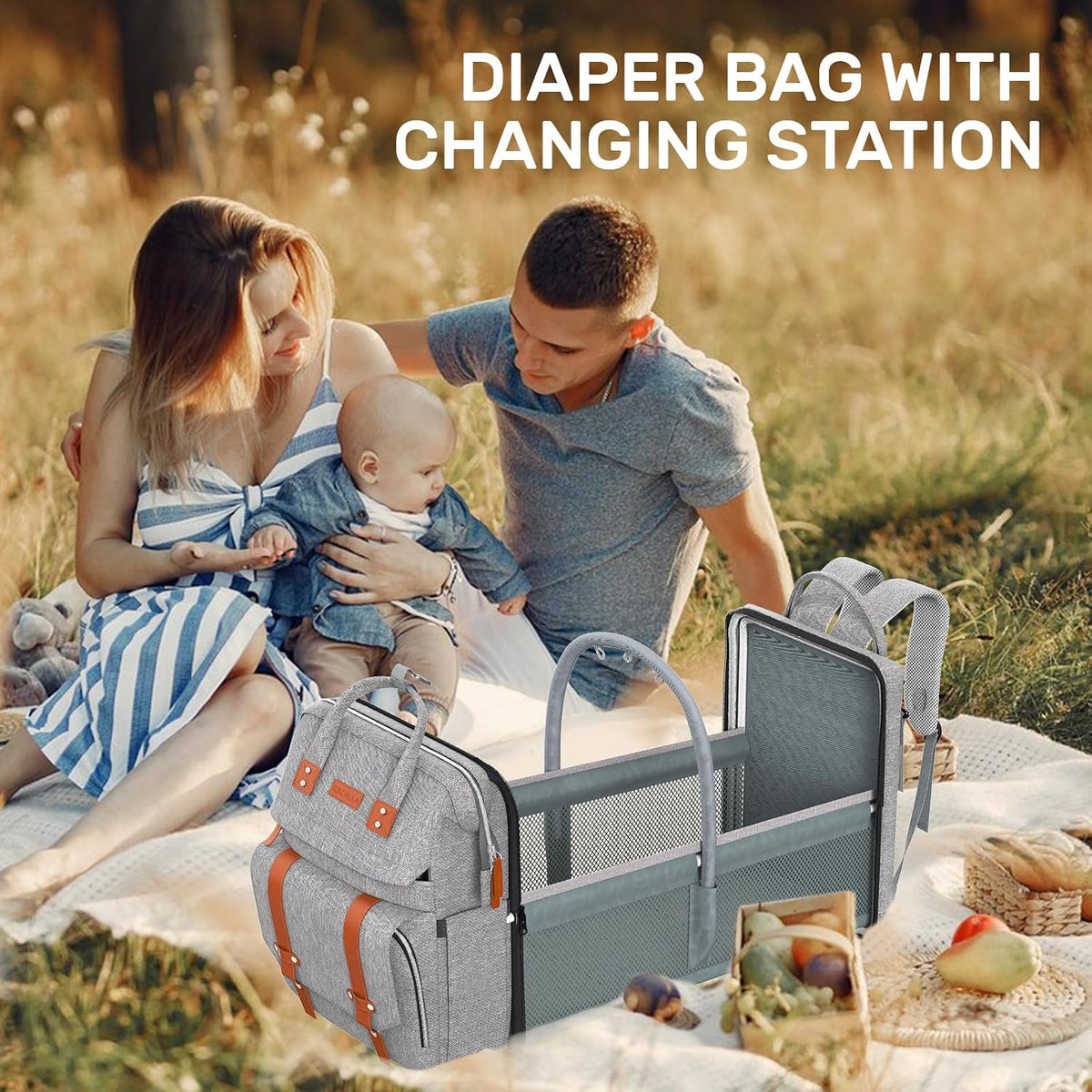 Diaper Bag Backpack with Changing Station, Baby Bag for Mom, Grey