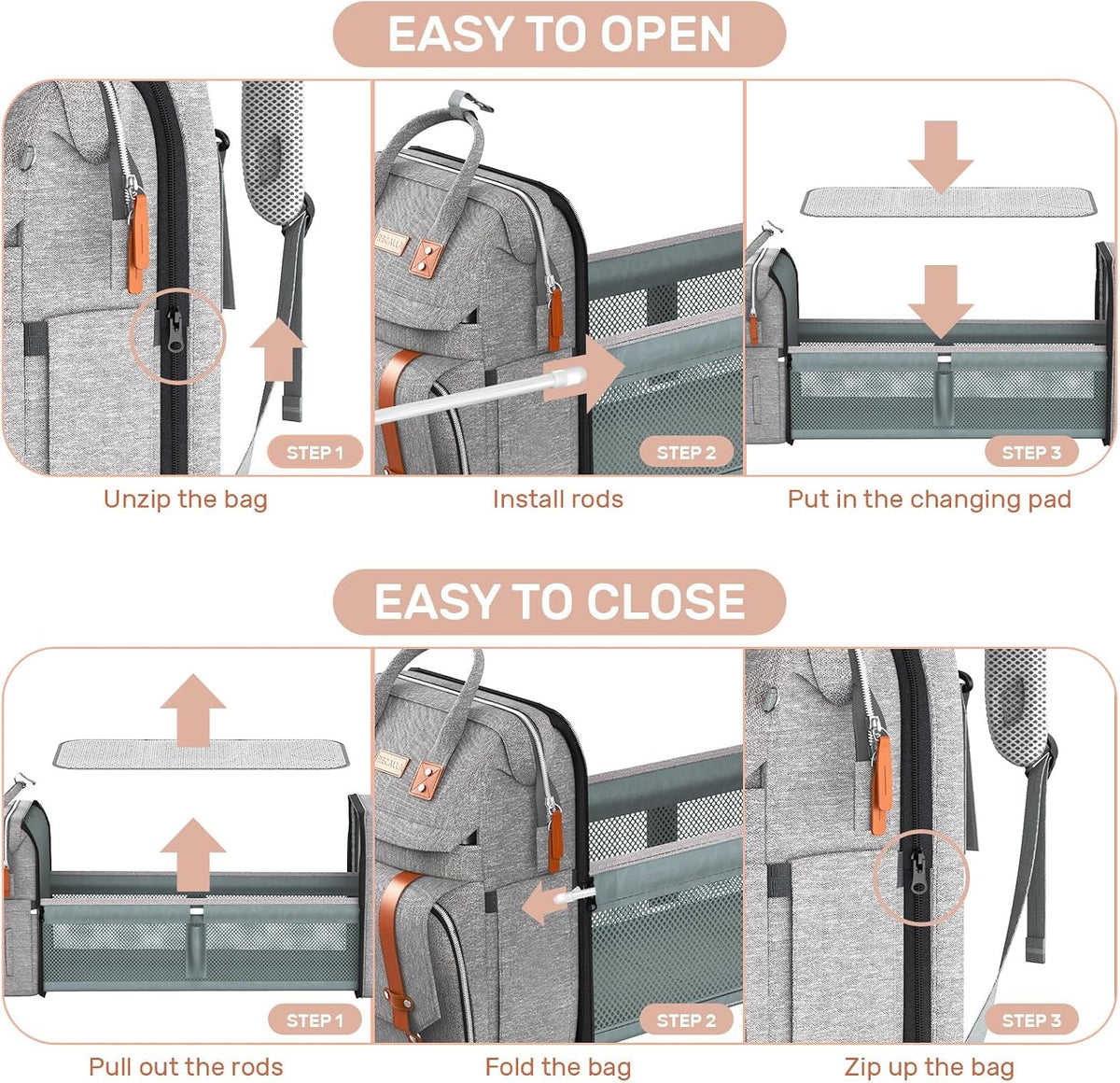 Diaper Bag Backpack with Changing Station, Baby Bag for Mom, Grey