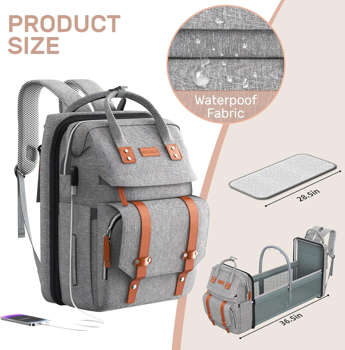 Diaper Bag Backpack with Changing Station, Baby Bag for Mom, Grey