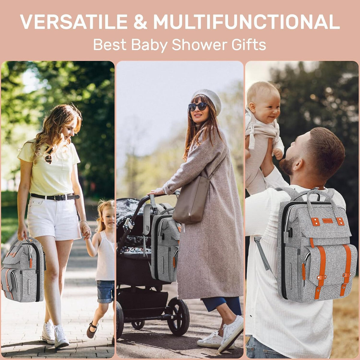 Diaper Bag Backpack with Changing Station, Baby Bag for Mom, Grey