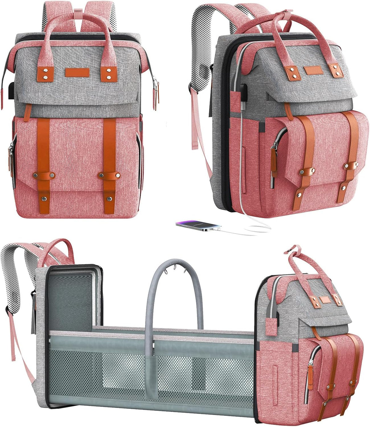 Diaper Bag Backpack with Changing Station, Baby Bag for Mom, Grey