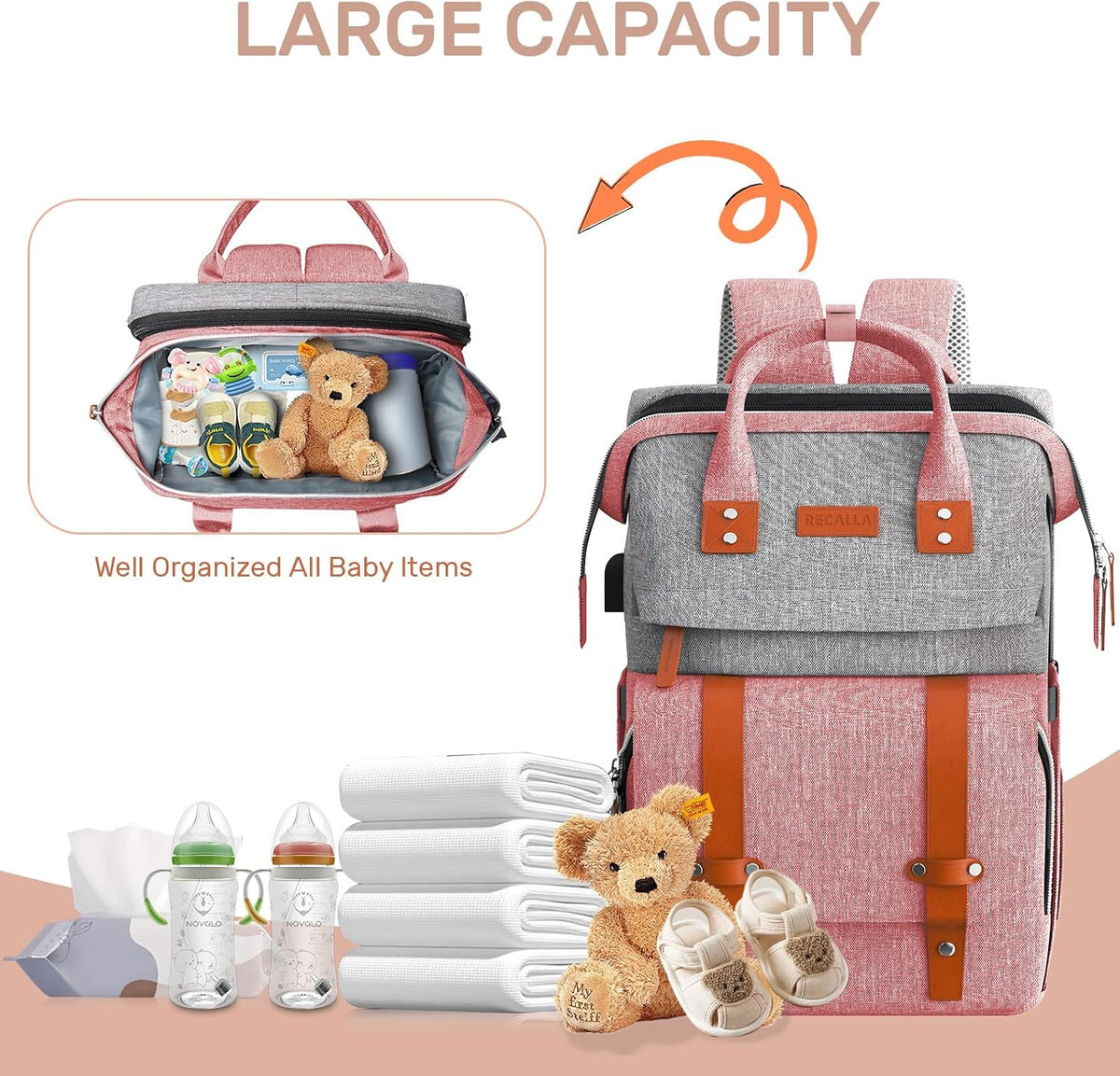 Diaper Bag Backpack with Changing Station, Baby Bag for Mom, Grey