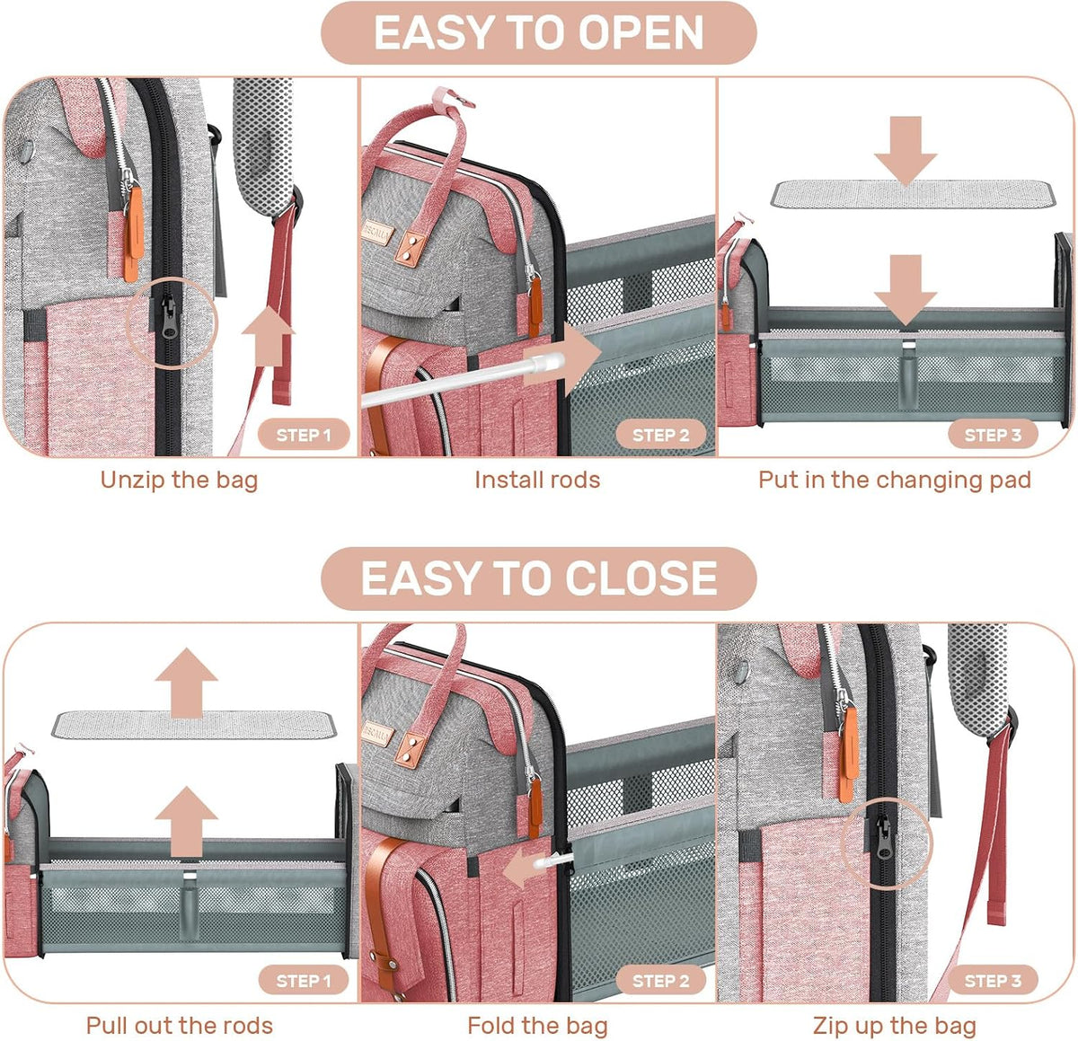 Diaper Bag Backpack with Changing Station, Baby Bag for Mom, Grey