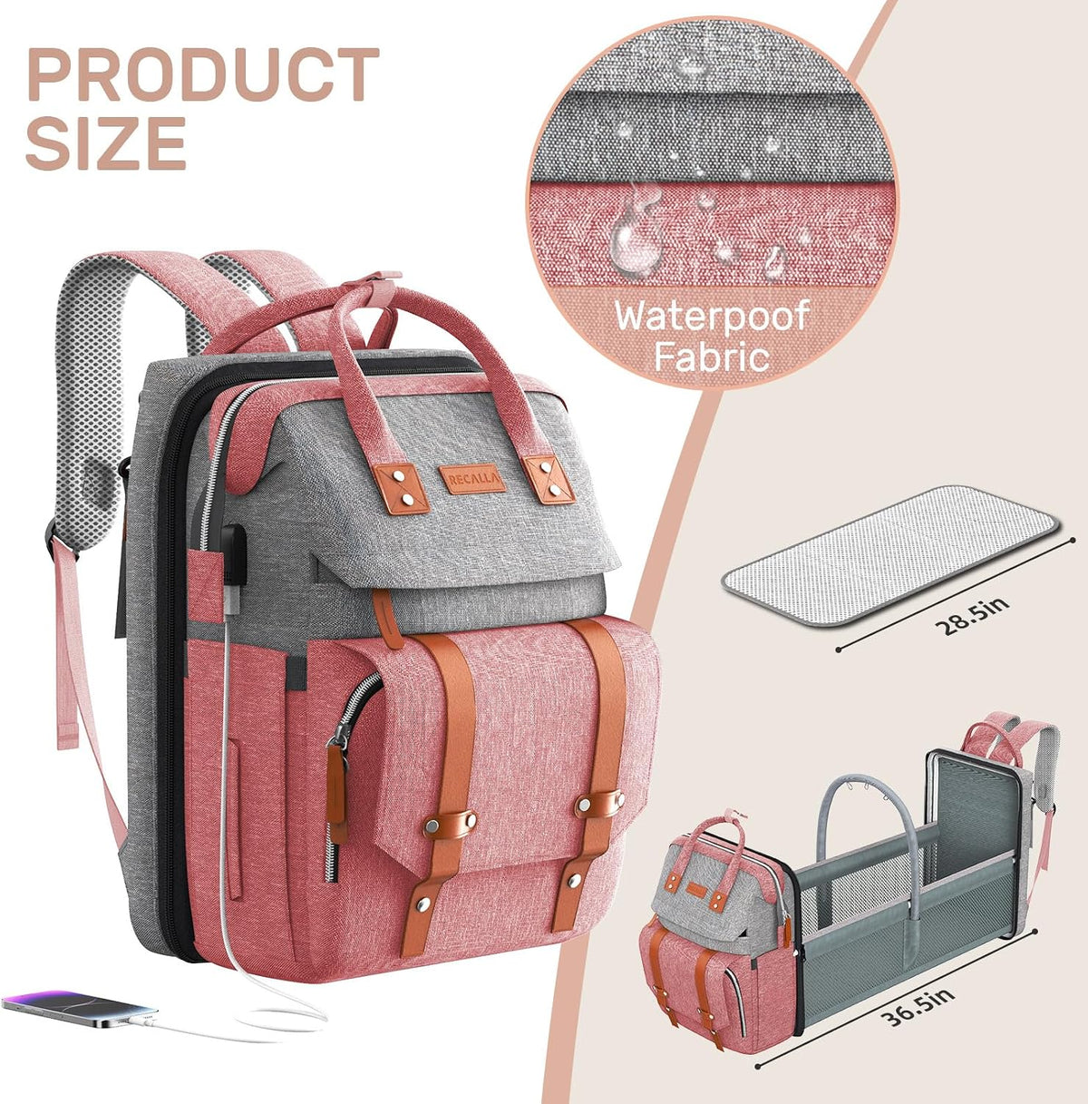 Diaper Bag Backpack with Changing Station, Baby Bag for Mom, Grey