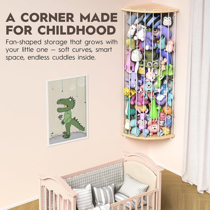 Stuffed Animal Storage Wood Corner Plush Toys Holder with Star Pattern, Length Adjustable Hanging Stuffed Animal Toy Organizer Shelf for Nursery Play Room Bedroom Kid Room