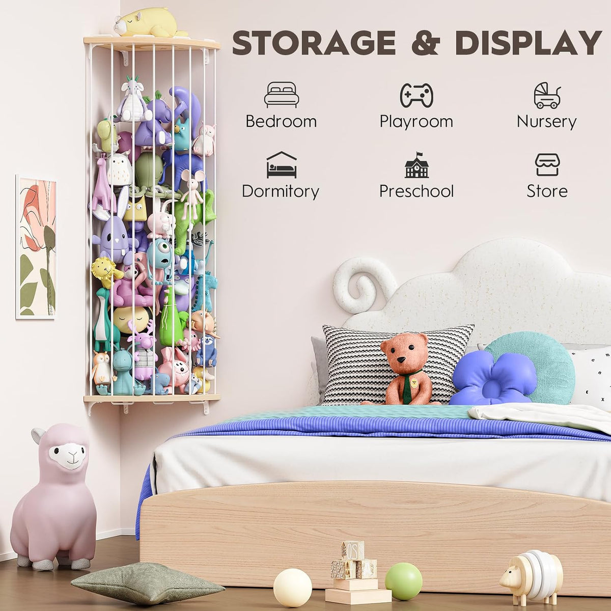 Stuffed Animal Storage Wood Corner Plush Toys Holder with Star Pattern, Length Adjustable Hanging Stuffed Animal Toy Organizer Shelf for Nursery Play Room Bedroom Kid Room