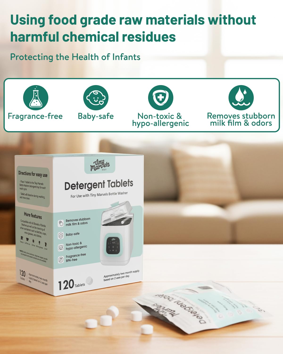 Bottle Washer Tablets 120PCS, Baby-Safe and Deep Cleans Milk Residue & Odor