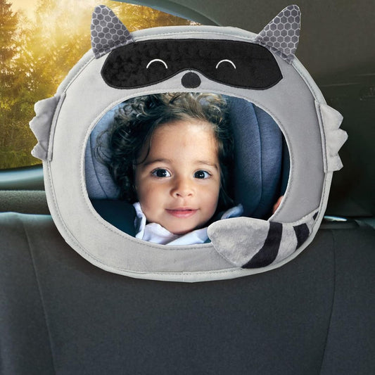 Easy View Racoon Character Baby Car Mirror, Safety Car Seat Mirror for Rear Facing Infant, Fully Adjustable, Wide Crystal Clear View, Shatterproof, Crash Tested
