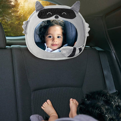 Easy View Racoon Character Baby Car Mirror, Safety Car Seat Mirror for Rear Facing Infant, Fully Adjustable, Wide Crystal Clear View, Shatterproof, Crash Tested