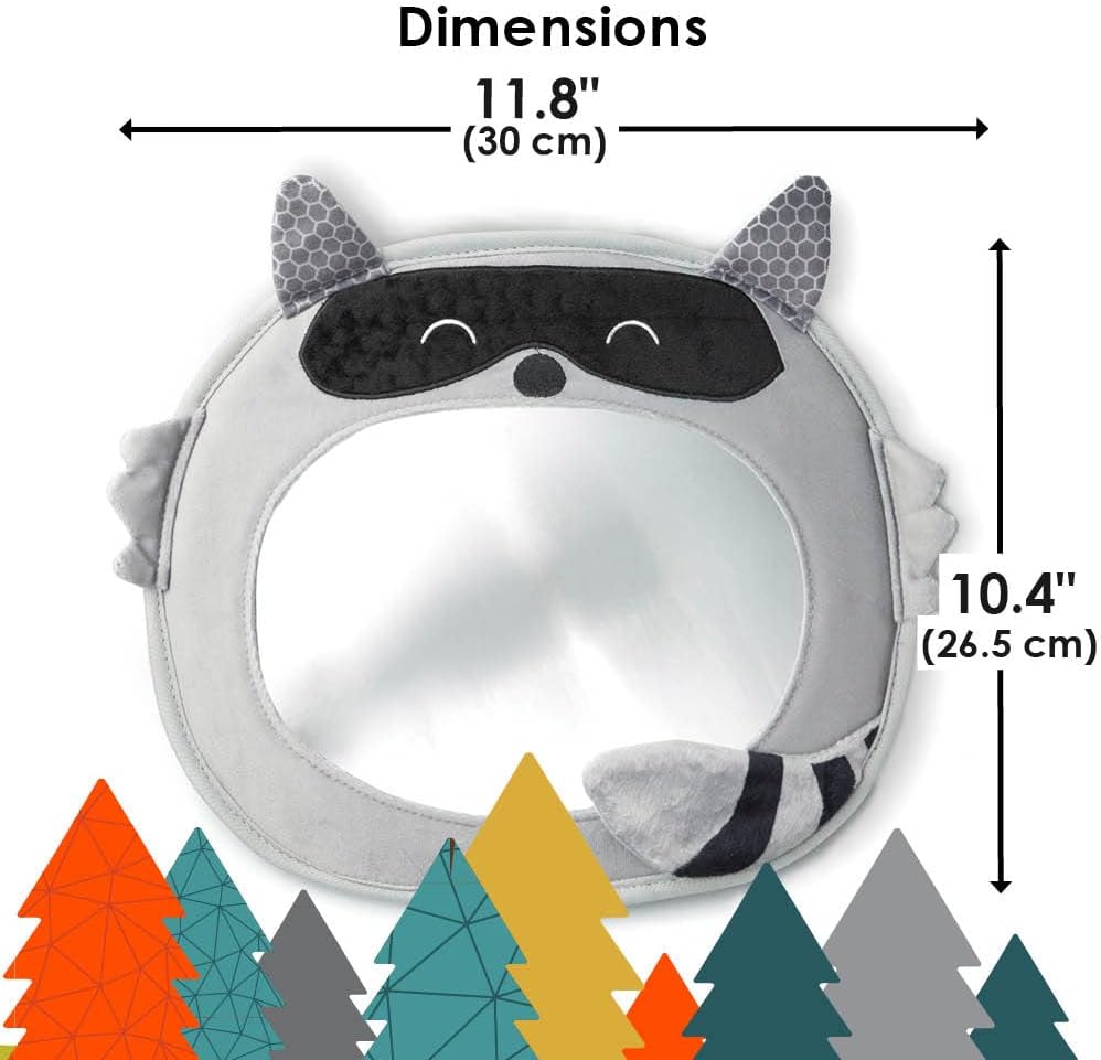 Easy View Racoon Character Baby Car Mirror, Safety Car Seat Mirror for Rear Facing Infant, Fully Adjustable, Wide Crystal Clear View, Shatterproof, Crash Tested