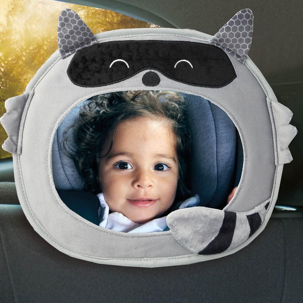 Easy View Racoon Character Baby Car Mirror, Safety Car Seat Mirror for Rear Facing Infant, Fully Adjustable, Wide Crystal Clear View, Shatterproof, Crash Tested