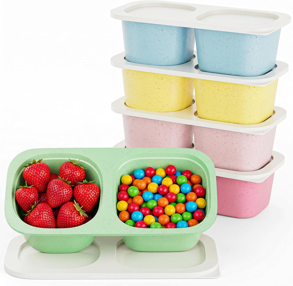 Snack Pack Containers for Kids, 5 Pack Reusable Snack Containers with Lids, 2 Compartment Small Bento Snack Box, BPA-Free Wheat Straw Lunchbox Accessories for School, Travel, Meal Prep