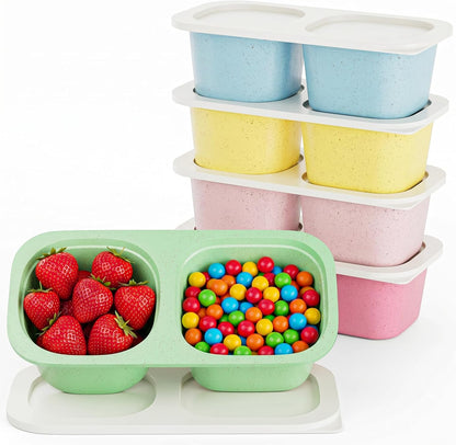 Snack Pack Containers for Kids, 5 Pack Reusable Snack Containers with Lids, 2 Compartment Small Bento Snack Box, BPA-Free Wheat Straw Lunchbox Accessories for School, Travel, Meal Prep