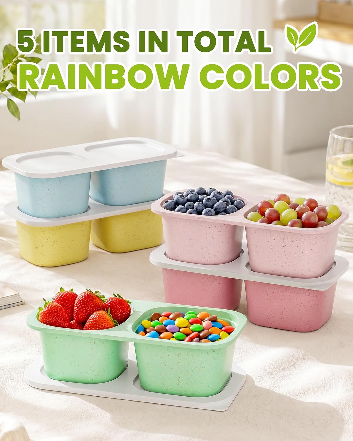 Snack Pack Containers for Kids, 5 Pack Reusable Snack Containers with Lids, 2 Compartment Small Bento Snack Box, BPA-Free Wheat Straw Lunchbox Accessories for School, Travel, Meal Prep
