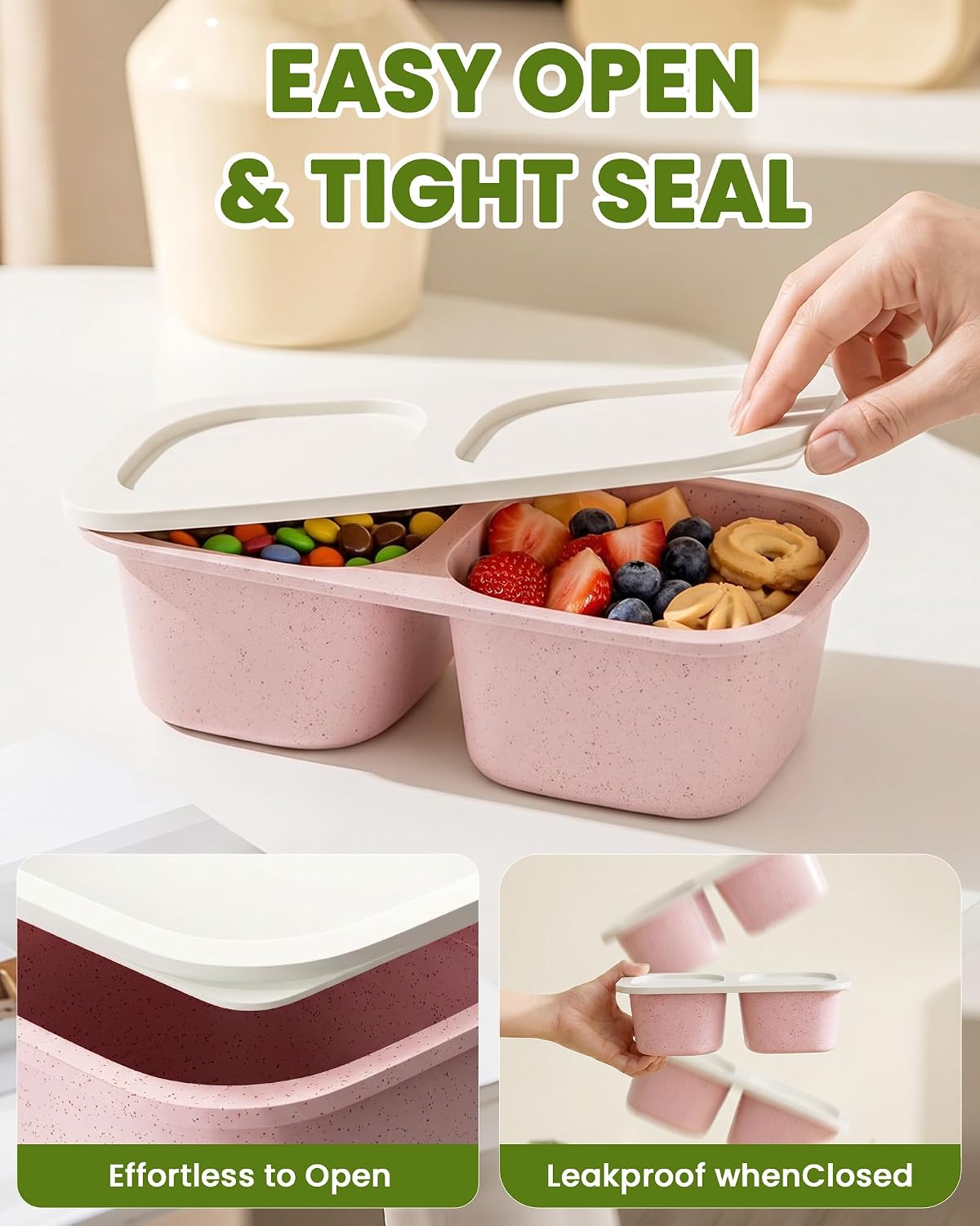 Snack Pack Containers for Kids, 5 Pack Reusable Snack Containers with Lids, 2 Compartment Small Bento Snack Box, BPA-Free Wheat Straw Lunchbox Accessories for School, Travel, Meal Prep