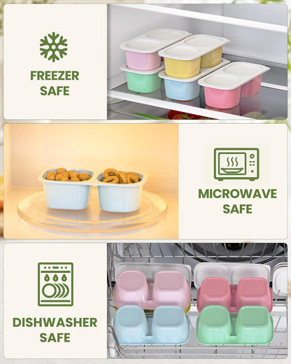 Snack Pack Containers for Kids, 5 Pack Reusable Snack Containers with Lids, 2 Compartment Small Bento Snack Box, BPA-Free Wheat Straw Lunchbox Accessories for School, Travel, Meal Prep