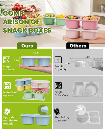 Snack Pack Containers for Kids, 5 Pack Reusable Snack Containers with Lids, 2 Compartment Small Bento Snack Box, BPA-Free Wheat Straw Lunchbox Accessories for School, Travel, Meal Prep